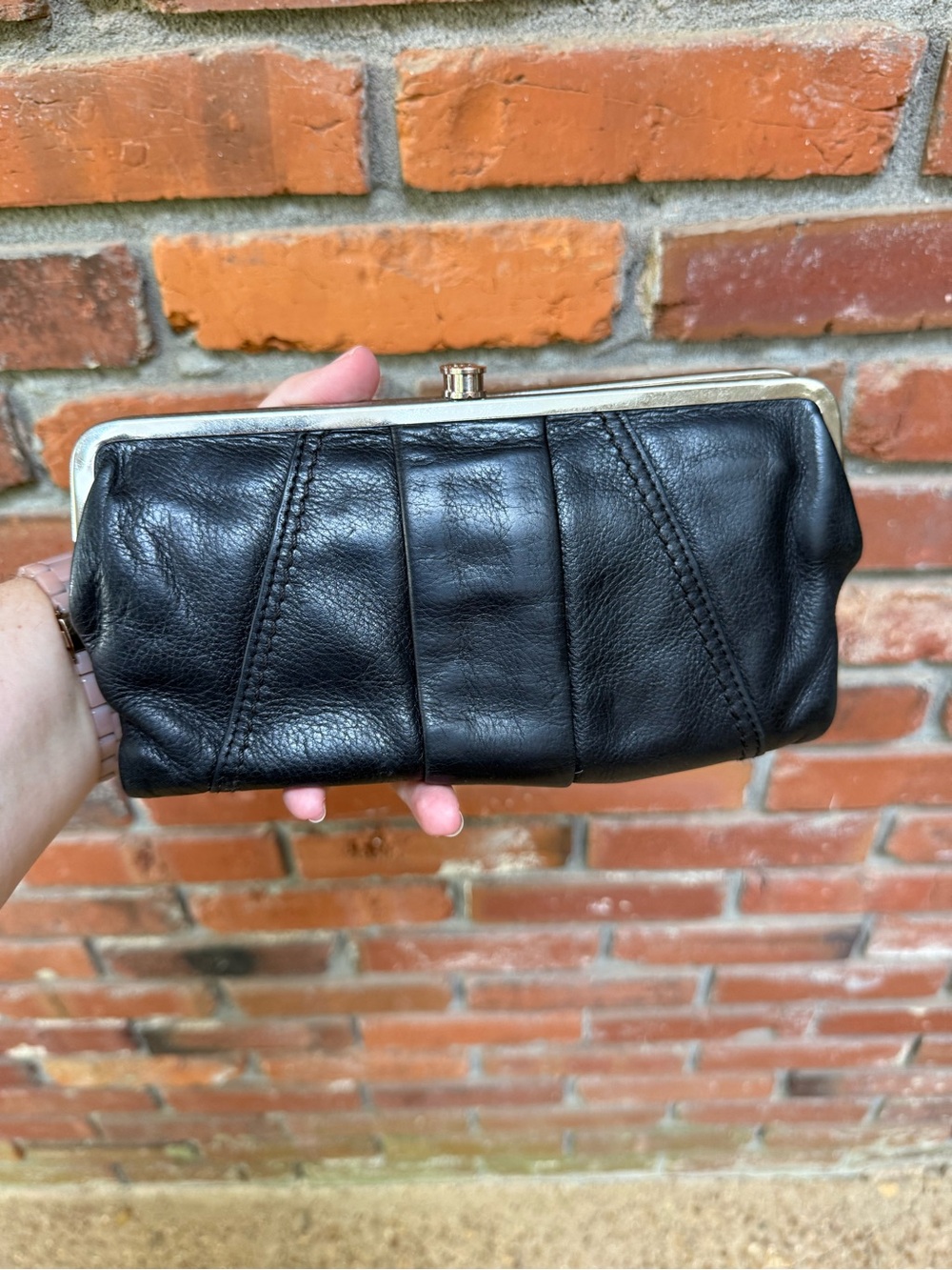 HOBO Black Leather Frame Clutch with Gold Trim